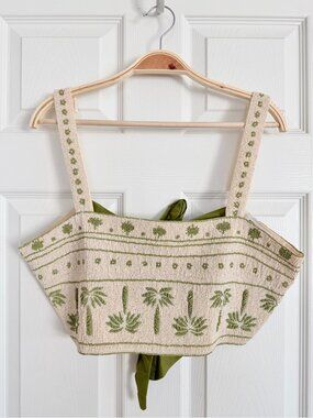 🌴 Anthropologie Celandine Beaded Palm Tree Cami Crop Top Green Beige Seed Beads
